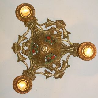 113b Vintage antique 30s art nouveau Ceiling Fixture Polychrome 3 Light 4