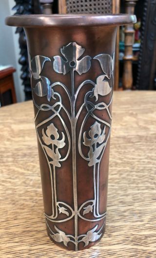 Antique Heintz Sterling Silver And Bronze Arts & Crafts Vase 8 " Tall