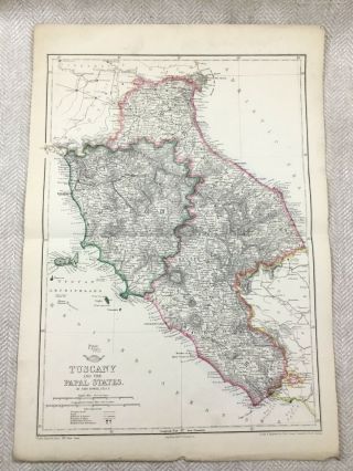 Antique Map Tuscany Papal States Italy Europe Old Hand Coloured 19th Century