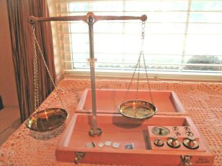 Old Vtg Brass Balance Scales Made In West Germany With Weights In Wooden Box