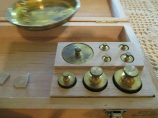 Old Vtg Brass Balance Scales Made In West Germany With Weights in Wooden Box 2