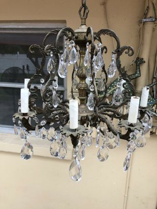 Vintage Ornate 8 Arm Spanish Brass Hanging Chandelier Light & Crystals Lovely