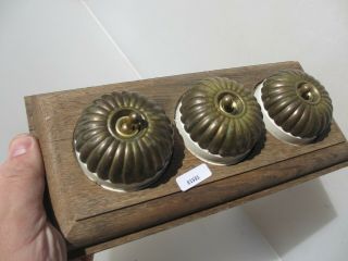 Vintage Brass & Ceramic Triple Light Switch Antique Old Jelly Mould Dolly Oak