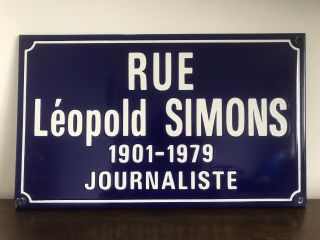 Vintage French Enamel Street Sign - Rue Léopold Simons - Journalist - Lens France