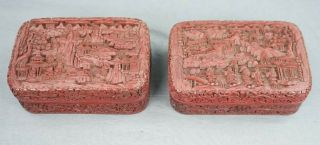 Chinese Cinnabar Carved Pair 19th Century Lacquer Boxes 6 X 4 Inches