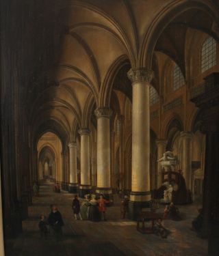 Antique EMILE P JOSEPH DE CAUWER Belgium Architectural Church Interior Painting 3
