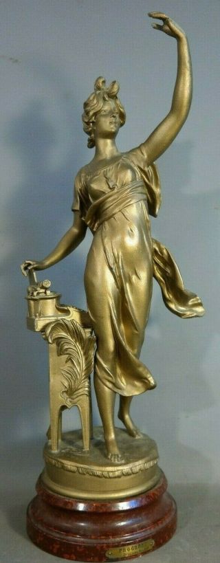 Lg Antique Art Nouveau French Lady & Typewriter Bruchon Sculpture Parlor Statue