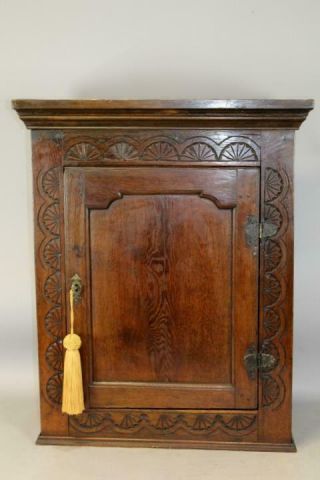 Rare 17th C English Pilgrim Period Carved Joined Hanging Livery Or Food Cupboard