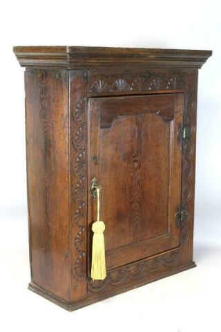 RARE 17TH C ENGLISH PILGRIM PERIOD CARVED JOINED HANGING LIVERY OR FOOD CUPBOARD 2