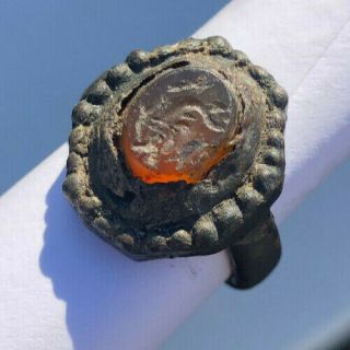 Roman Ancient Silver Plated With Agate Stone Ring - R0098