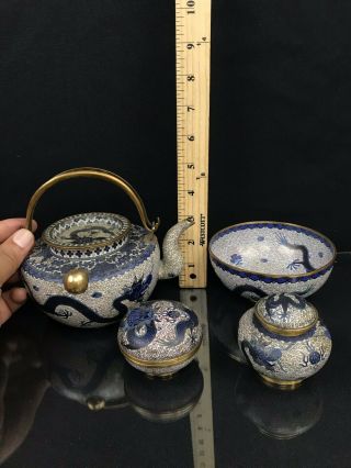 Antique Chinese Awesome Workmanship Cloisonne With Dragons Tea Set.  No.  Reserve