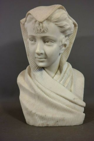 Lg Antique Art Nouveau Era Carved Marble Lady Bust Old Sculpture Parlor Statue