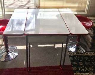 Vtg 50’s Art Deco Red Porcelain Enamel Kitchen Table Expandable Table & Chairs