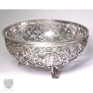Luen Wo Antique Chinese Export Solid Silver Bowl Cherry Blossom Branch Feet 1890