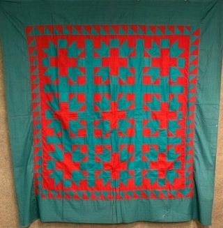 Pa Dutch 1900s Red Cross Quilt Top Vintage Green Sawtooth Mennonite