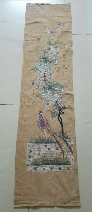 Antique Chinese Bird Hand Embroidered Wall Hanging Panel 129x32cm (y163)
