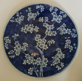 Very Large Antique Chinese Porcelain Prunus Blossom Blue & White Plate/dish