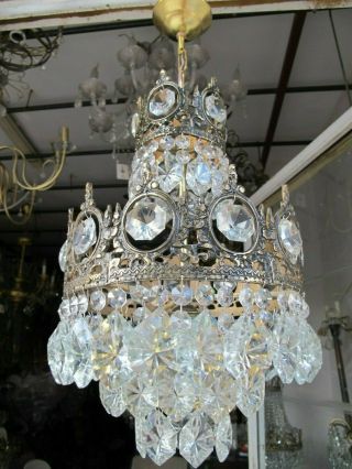 Antique Vintage French Basket Style Bohemia Crystal Chandelier Lamp 1940s 9 In D