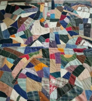 Early Victorian Antique Hand Sewn Crazy Quilt Cabin Sleigh Blanket Old Fabric