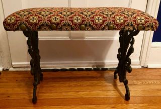 Elegant Antique Wrought Iron Bench - Art Nouveau Details - Upholstered