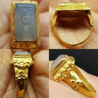 7.  4 gram Roman Old Chalcedony Agate Horse intaglio Solid gold 22k Ring 58 2