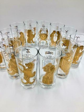 Nos Complete Set 12 Anchor Hocking Mid Century Zodiac Highball Cocktail Glasses