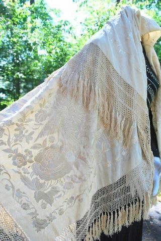 1900 Light Weight Cream On Cream Embroidered Canton Shawl Large Peacock Motif