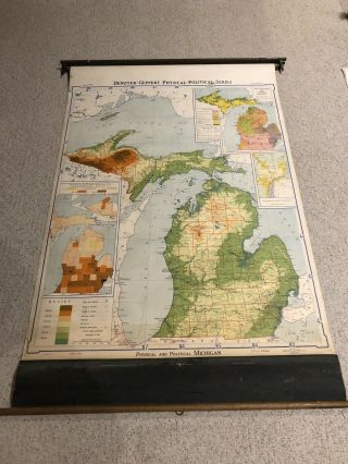 Vintage 1943 Physical Map Of Michigan Pulldown Classroom Map Denoyer - Geppert