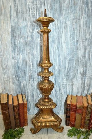 Antique French Carved Gilt Wood Large Altar Candle Holder Church Candlestick