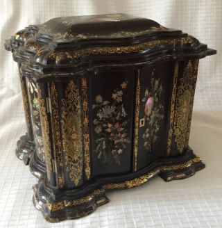 Antique 19thc Lacquer/mother Of Pearl Sewing Box,  Jewellery Box & Writing Slope.