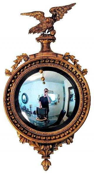 Large Antique Early 19th Century Federal Period Giltwood Convex Girandole Mirror