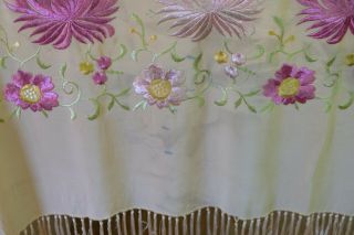 Antique Victorian Embroidered Floral Peach Silk Piano Scarf Long Fringe Shawl 10