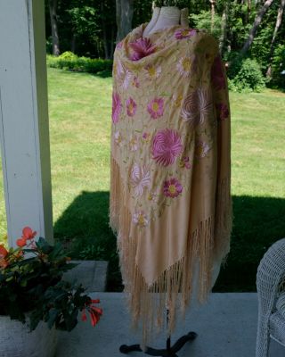 Antique Victorian Embroidered Floral Peach Silk Piano Scarf Long Fringe Shawl