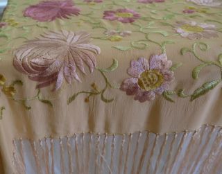 Antique Victorian Embroidered Floral Peach Silk Piano Scarf Long Fringe Shawl 4