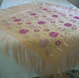 Antique Victorian Embroidered Floral Peach Silk Piano Scarf Long Fringe Shawl 5