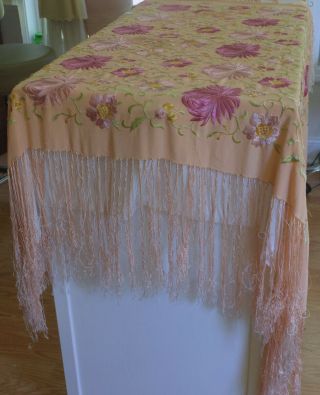 Antique Victorian Embroidered Floral Peach Silk Piano Scarf Long Fringe Shawl 6