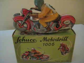 Antique Schuco Tin Motodrill 1006 Motorcycle Wind Up Toy US Zone Germany 4