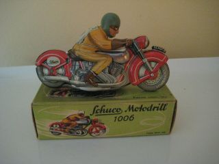 Antique Schuco Tin Motodrill 1006 Motorcycle Wind Up Toy US Zone Germany 5
