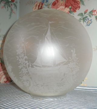 C.  1895 Satin Frosted Sailing Ship Scenic Parlor Gwtw Banquet Lamp Ball Shade