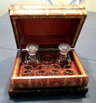 Antique French Stack Of 4 Books Tantalus Liquor Set/ 2 Decanters/5 Glasses