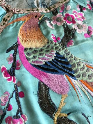 RESERVED Fine Antique 1920s Embroidered Silk Qipao Robe Cheongsam Birds Florals 6