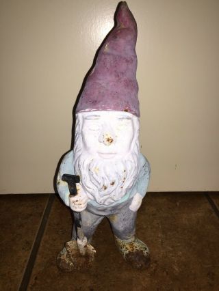 Vintage Cast Iron Garden Gnome Holding Shovel 13.  5” Tall