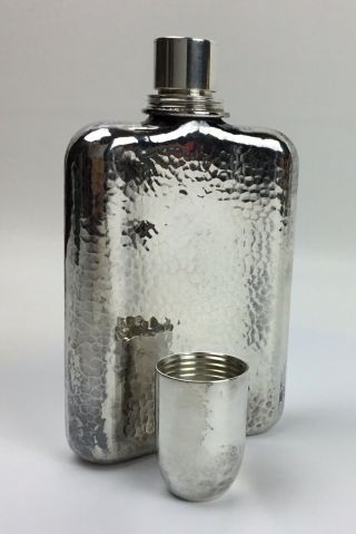 Vintage Japanese Hand Hammered Sterling Silver Curved Pocket Flask With Cup Cap 9