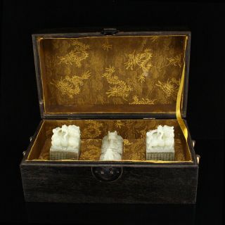 A Set Chinese Hetian Jade Lucky Dragon Seals w Zitan Wood Box 2