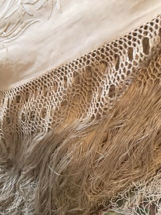 Antique Embroidered Floral Mums Cream On Cream Piano Shawl 70”,  14” Fringe Bridal 3