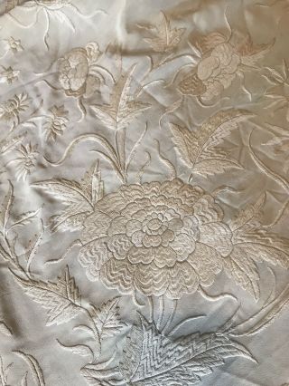 Antique Embroidered Floral Mums Cream On Cream Piano Shawl 70”,  14” Fringe Bridal 6