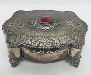 Antique 800 Silver Carnelian Ornate Footed Jewelry Box