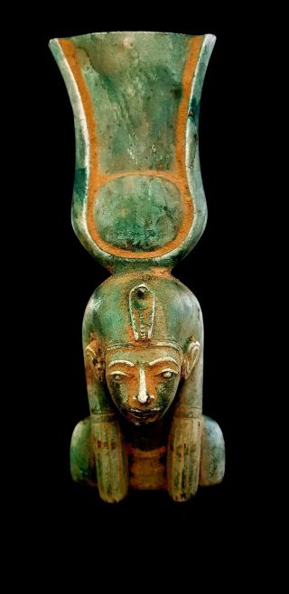 Very Rare Egyptian Isis Hathor Goddess Figurine Head Sculpture Faience Amulet 3