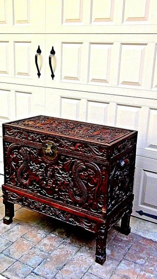 Impressive 19c Chinese Rosewood Carved Opposing 4 - Clawed Dragons Chest On Stand