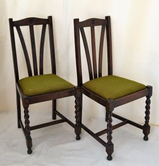 Antique Pair English Oak Barley Twist Legs Chairs Art Deco England